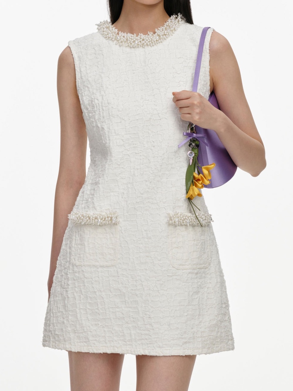 NWOT Self-Portrait Cream Textured Denim Mini Dress, Size US 2/4/6/8